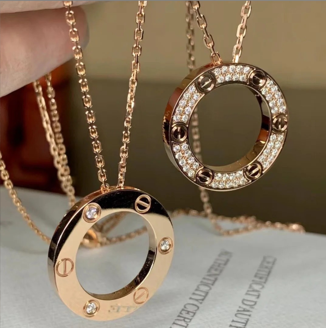 LOVE Collection Circular Pendant Necklace Single, Double, or Triple Ring Chain with Diamond Accents